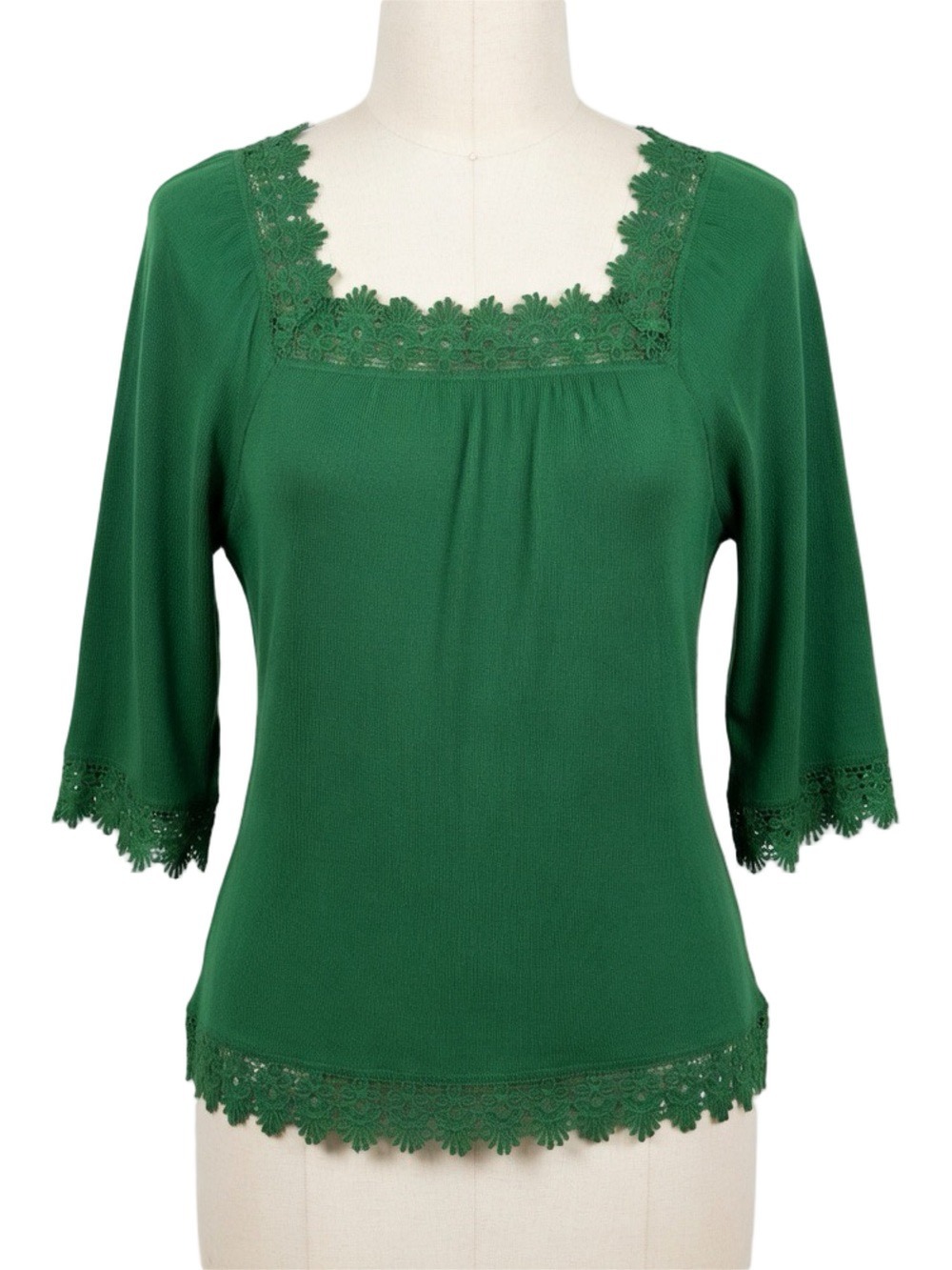 Vintage Green Boho Peasant Top with Lace Trim – Size Medium